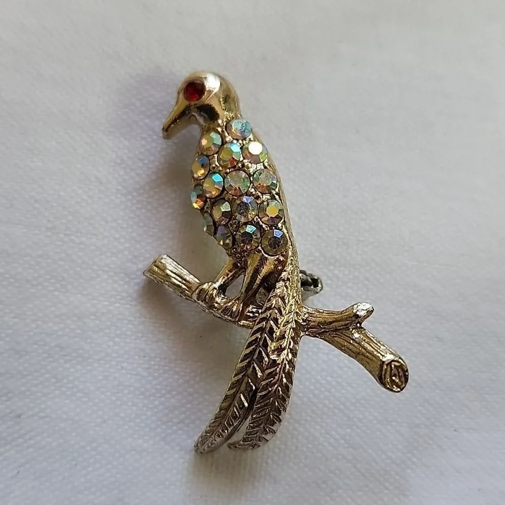 Vintage Aurora Borealis Rhinestone Embellished Bird Brooch